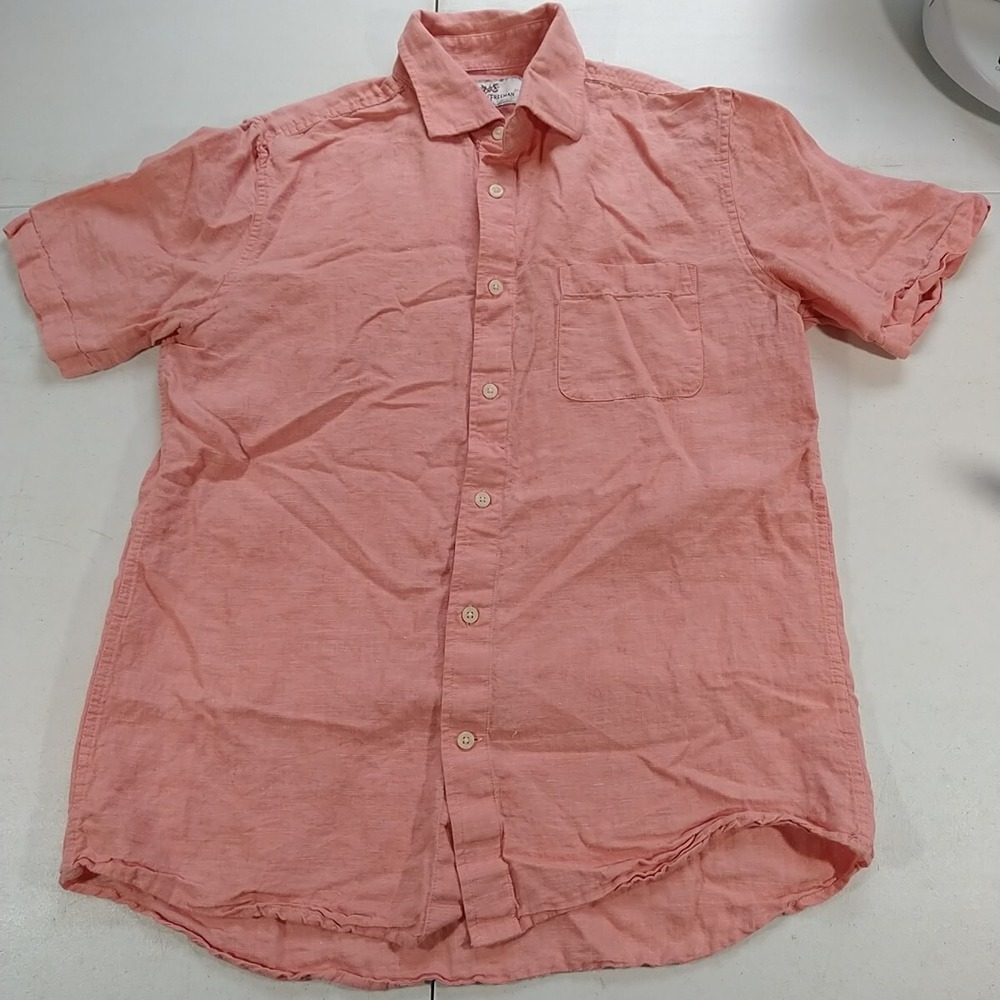 Hickey Freeman Shirt Men M Peach Linen 60% Cotton 40% Short Sleeve Vacation
